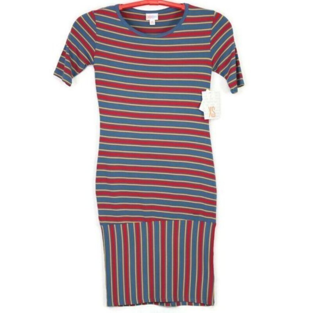 LuLaRoe Julia Sheath Pencil Dress Blue Red Yellow Striped Stretch XS